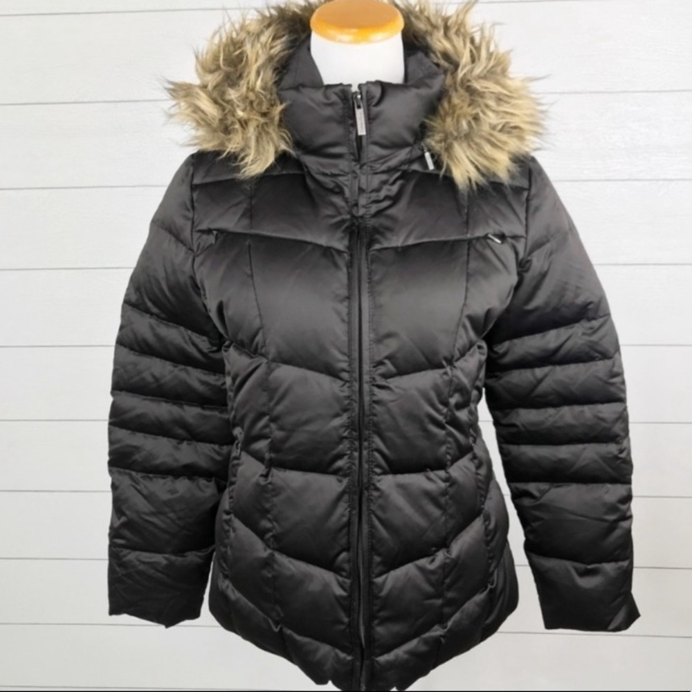Calvin Klein Down Filled Quilted Puffer Jacket Hood Faux Fur Trim Brown PM